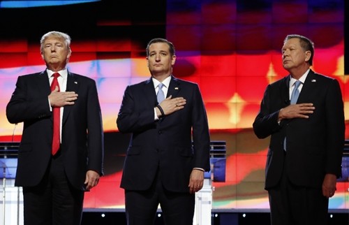 Ba ứng viên còn lại trong cuộc tranh cử tổng thống của đảng Cộng hòa, (từ trái sang) Donald Trump, Ted Cruz, vàJohnKasich. Ảnh:Reuters Ba ứng viên còn lại trong cuộc tranh cử tổng thống của đảng Cộng hòa, (từ trái sang) Donald Trump, Ted Cruz, vàJohnKasich. Ảnh:Reuters