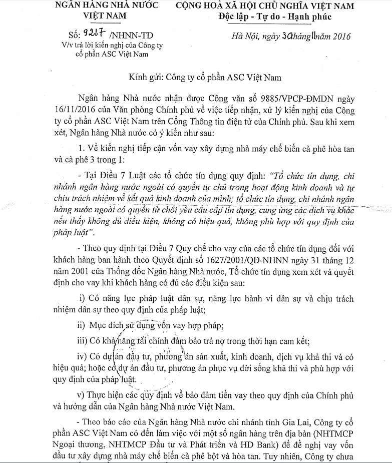 Trích công văn trả lời kiến nghị của NHNN.