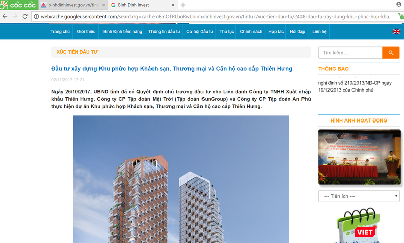 Binhdinhinvest.gov.vn đã bất ngờ gỡ bản tin về Khu phức hợp Khách sạn, Thương mại và Căn hộ cao cấp Thiên Hưng.