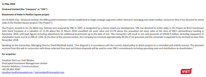 Thông báo thoái vốn của VNL. (Ảnh chụp màn hình) Thông báo thoái vốn của VNL. (Ảnh chụp màn hình)