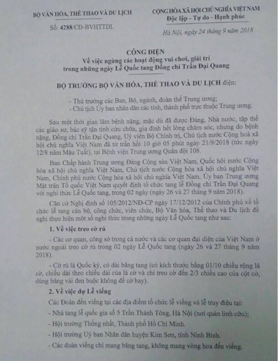 Trích Công điện số 4288/CĐ-BVHTTDL. (Nguồn: Bộ Văn hóa, Thể thao và Du lịch) Trích Công điện số 4288/CĐ-BVHTTDL. (Nguồn: Bộ Văn hóa, Thể thao và Du lịch)