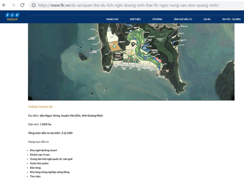 Công bố sơ thảo về dự án “Quần thể nghĩ dưỡng sinh thái FLC Ngọc Vừng, Vân Đồn, Quảng Ninh” của FLC trên website tập đoàn. (Ảnh chụp màn hình)