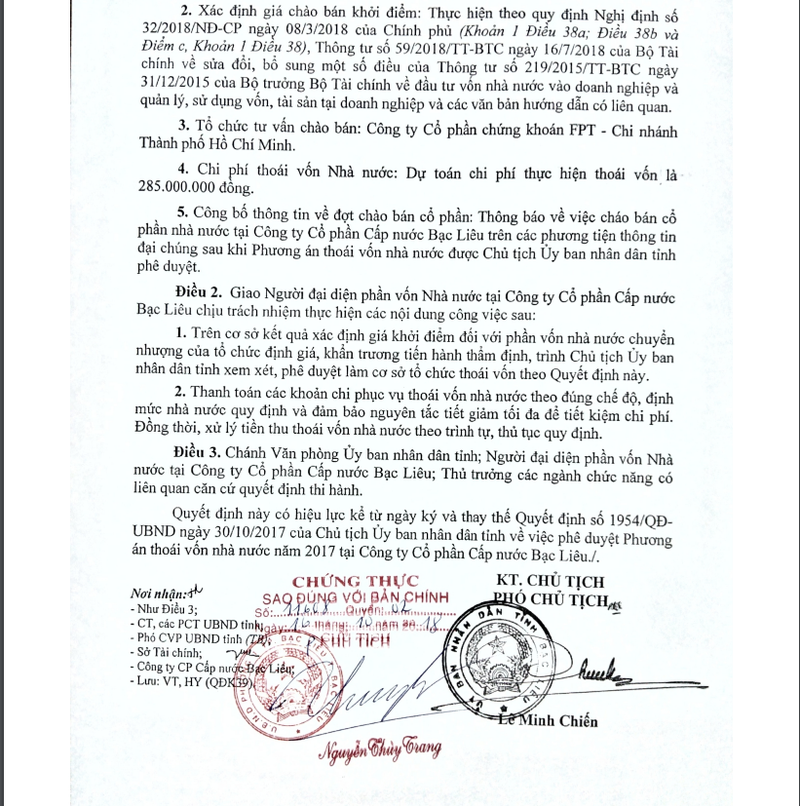 Quyết định phê duyệt phương án thoái vốn Bawaco của Chủ tịch UBND tỉnh Bạc Liêu được ký thay bởi Phó Chủ tịch Lê Minh Chiến.