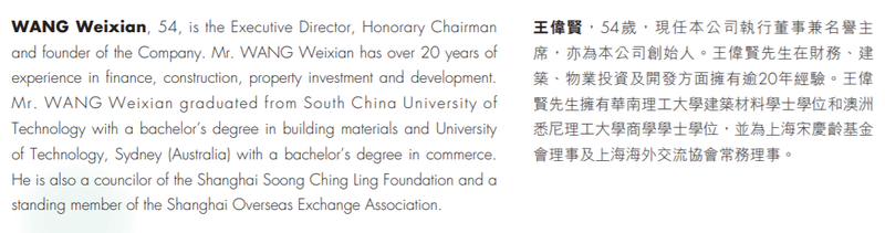 Thuyết minh về ông Wang Weixian trong Báo cáo thường niên năm 2017 của Greenland Hong Kong Holdings Limited. Thuyết minh về ông Wang Weixian trong Báo cáo thường niên năm 2017 của Greenland Hong Kong Holdings Limited.