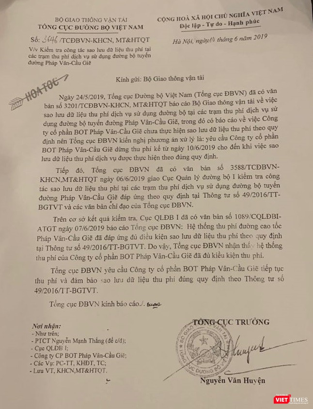 Công văn hỏa tốc mà Tổng cục Đường bộ gửi cho Bộ Giao thông Vận tải vào hôm nay 10/6/2019. Công văn hỏa tốc mà Tổng cục Đường bộ gửi cho Bộ Giao thông Vận tải vào hôm nay 10/6/2019.