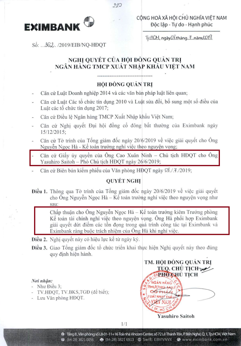 Nghị quyết số 362 vô tình hé lộ chi tiết ủy nhiệm của Chủ tịch Eximbank Cao Xuân Ninh cho Phó Chủ tịch Yasuhiro Saitoh. (Ảnh: Internet) Nghị quyết số 362 vô tình hé lộ chi tiết ủy nhiệm của Chủ tịch Eximbank Cao Xuân Ninh cho Phó Chủ tịch Yasuhiro Saitoh. (Ảnh: Internet)