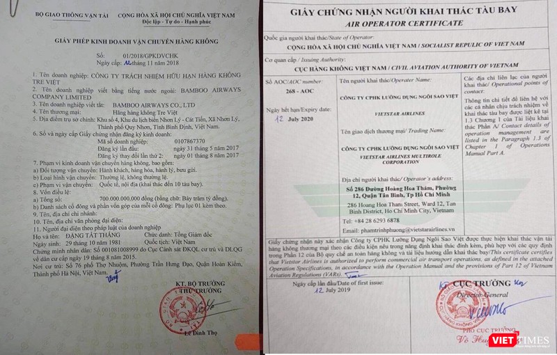 Vietstar Airlines đã có AOC (ảnh phải) nhưng để trở thành một hãng hàng không thực sự họ cần phải có "Giấy phép kinh doanh vận chuyển hàng không" (ảnh trái là Giấy phép mà Bộ GTVT đã cấp cho Bamboo Airways) - mà điều này thì không dễ. Vietstar Airlines đã nỗ lực trình hồ sơ nhưng đã hai lần bị từ chối. Vietstar Airlines đã có AOC (ảnh phải) nhưng để trở thành một hãng hàng không thực sự họ cần phải có "Giấy phép kinh doanh vận chuyển hàng không" (ảnh trái là Giấy phép mà Bộ GTVT đã cấp cho Bamboo Airways) - mà điều này thì không dễ. Vietstar Airlines đã nỗ lực trình hồ sơ nhưng đã hai lần bị từ chối.