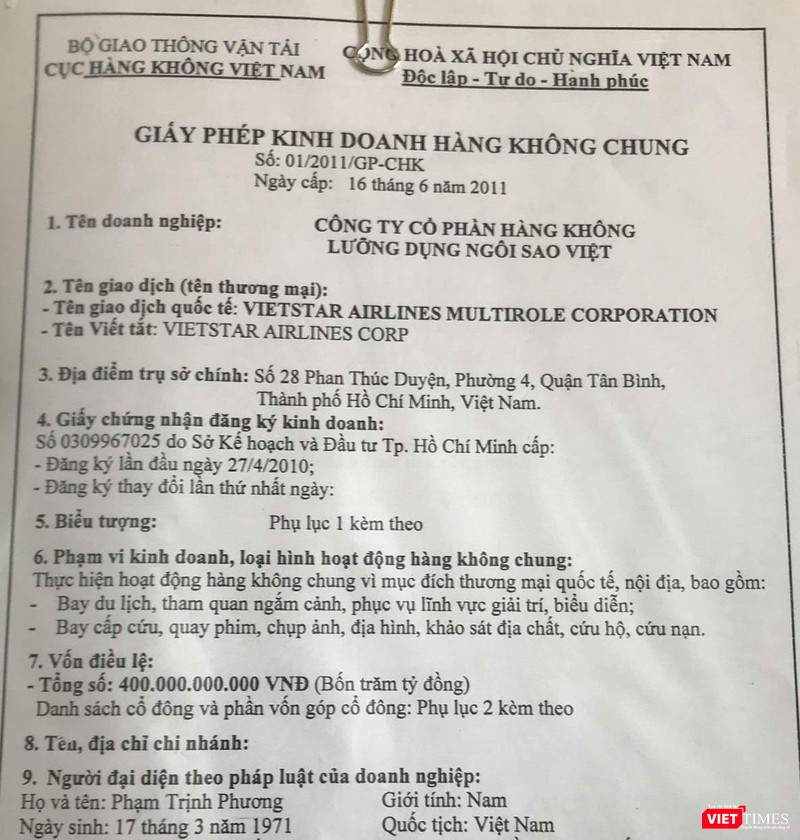 Giấy phép kinh doanh hàng không chung của Vietstar Airlines. Giấy phép kinh doanh hàng không chung của Vietstar Airlines.