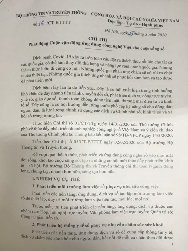 Chỉ thị 16/CT-BTTTT về phát động Cuộc vận động ứng dụng công nghệ Việt cho cuộc sống số.