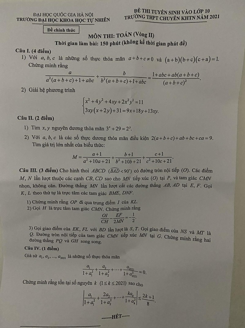 Đáp án môn Toán vòng 2 thi vào lớp 10 Trường THPT chuyên KHTN năm 2021 ảnh 1