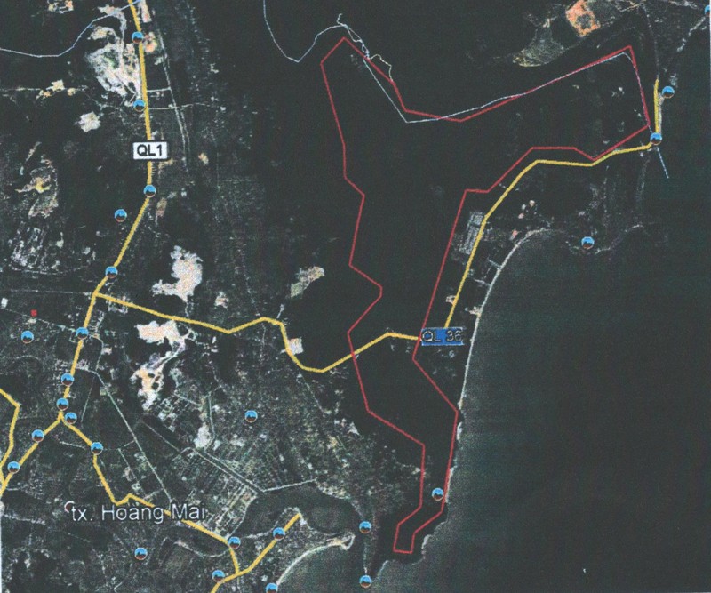 Tọa độ diện tích dự án hiển thị bằng màu đỏ (Nguồn: quynhlap.gov.vn) Tọa độ diện tích dự án hiển thị bằng màu đỏ (Nguồn: quynhlap.gov.vn)