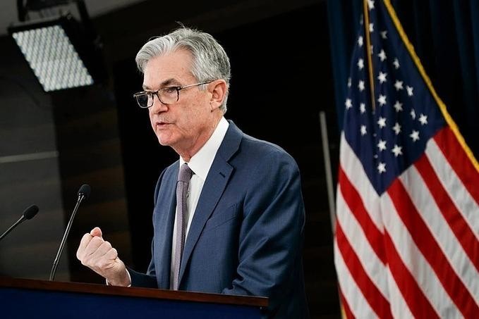 Chủ tịch Cục Dự trữ liên bang Mỹ Jerome Powell trong buổi họp báo tháng 3. Ảnh: AP