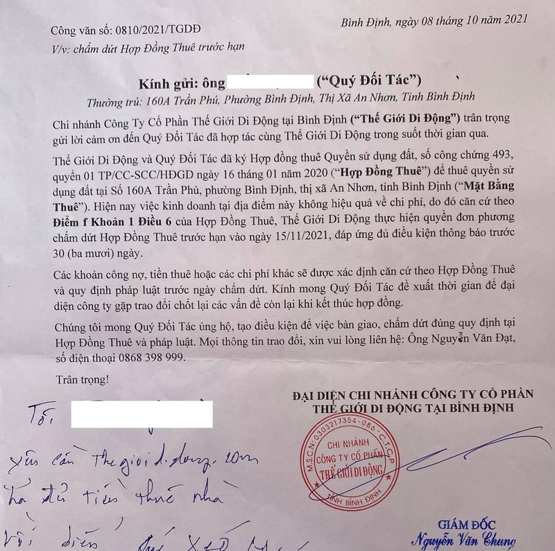 Công văn chấm dứt hợp đồng thuê trước hạn của MWG được ông T.K.M đăng tải lên mạng xã hội Công văn chấm dứt hợp đồng thuê trước hạn của MWG được ông T.K.M đăng tải lên mạng xã hội