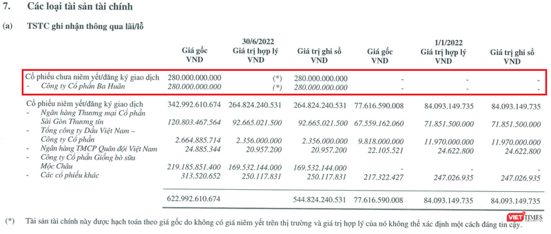 DNSE rót 280 tỉ đồng mua cổ phần Ba Huân (Nguồn: BCTC bán niên 2022)