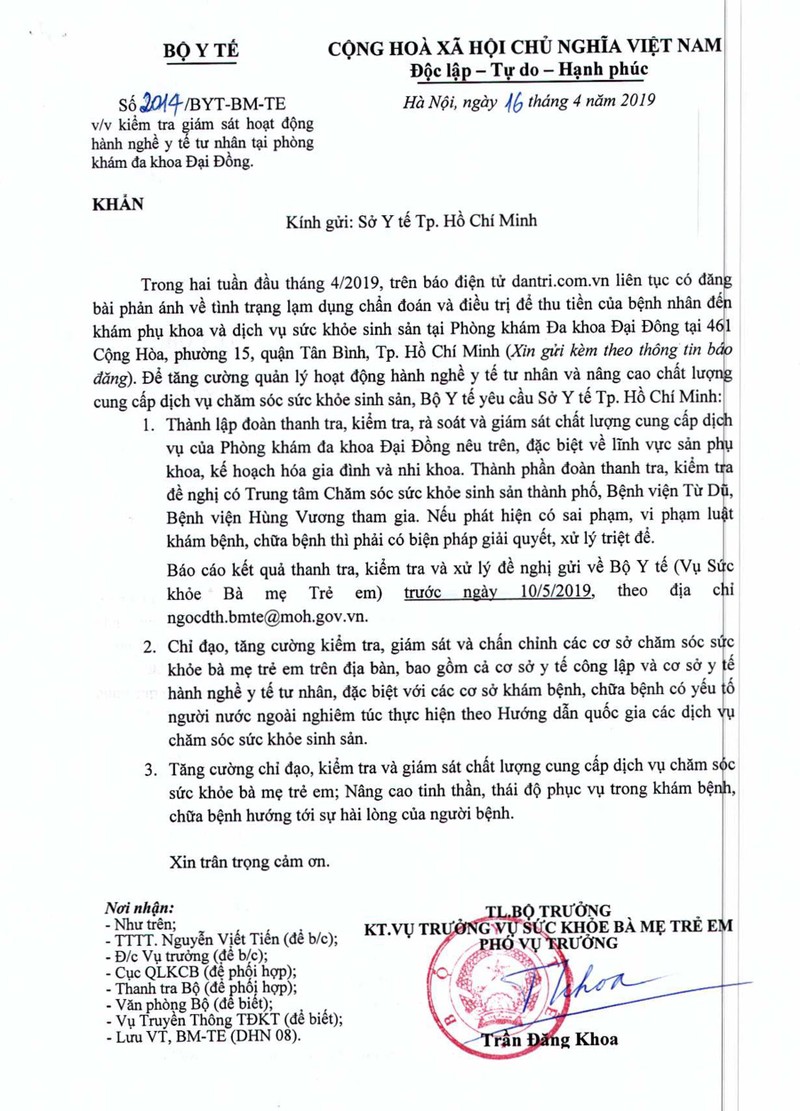 Công văn khẩn của Bộ Y tế yêu cầu lập đoàn thanh tra, kiểm tra, xử lý phòng khám Đa khoa Đại Đông Công văn khẩn của Bộ Y tế yêu cầu lập đoàn thanh tra, kiểm tra, xử lý phòng khám Đa khoa Đại Đông