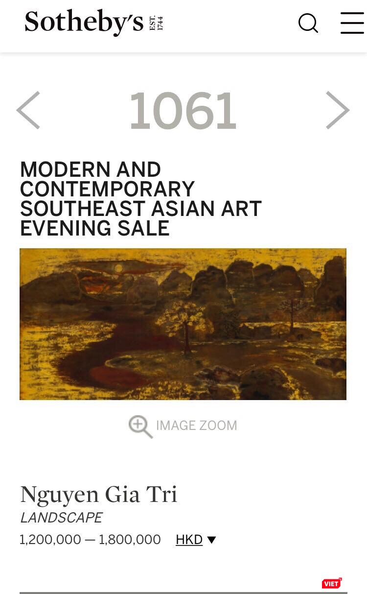 Bức tranh đề tên danh họa Nguyễn Gia Trí đang được rao bán trên Sotheby's với mức giá 1.200.000 đến 1.800.000 Đô la Hong Kong (tương đương từ 153.006 đến 229.509 USD)