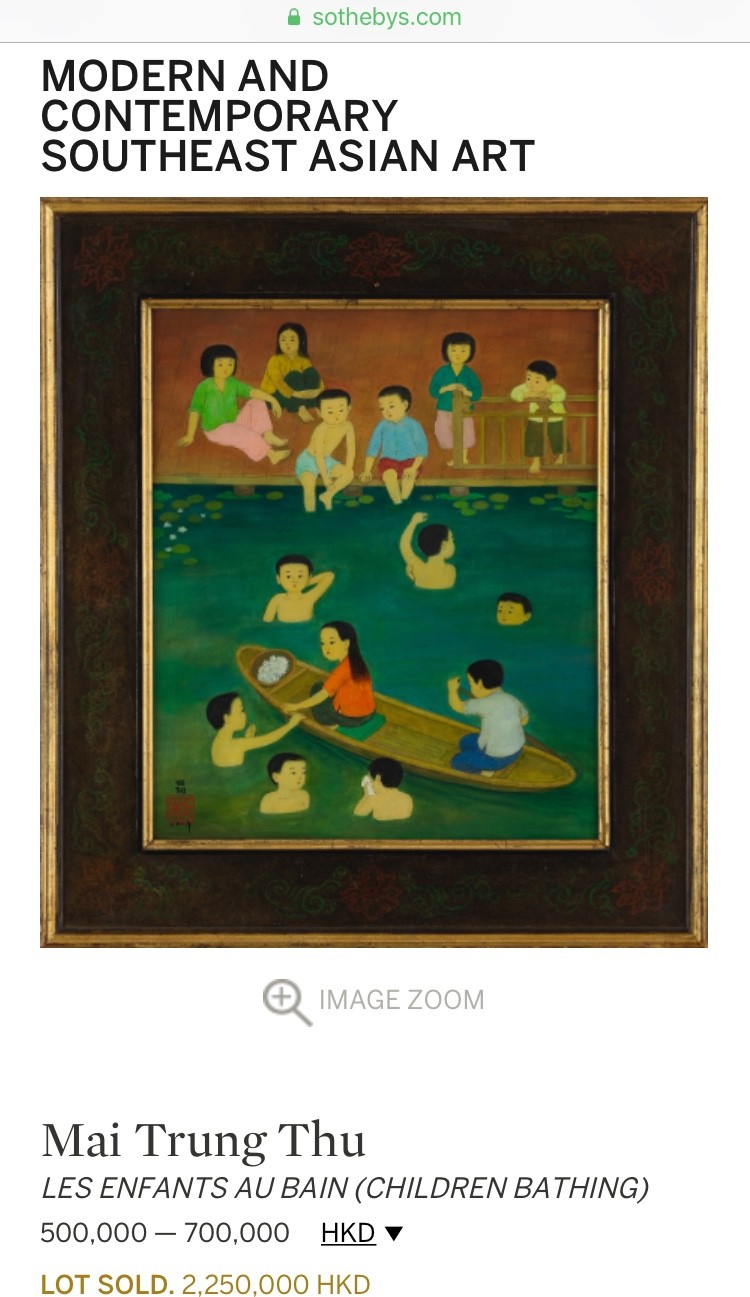Bức tranh Việt cao giá nhất phiên đấu ngày 6/10 là “Les enfants au bain” của danh họa Mai Trung Thứ bán ra với giá gõ búa 286,763 USD Bức tranh Việt cao giá nhất phiên đấu ngày 6/10 là lot 253 “Les enfants au bain” của danh họa Mai Trung Thứ bán ra với giá gõ búa 286,763 USD