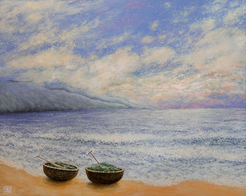 Nguyễn Lâm, Bình minh trên biển Mỹ Khê, Acrylic, 100x80cm, sáng tác năm 2018 Nguyễn Lâm, Bình minh trên biển Mỹ Khê, Acrylic, 100x80cm, sáng tác năm 2018