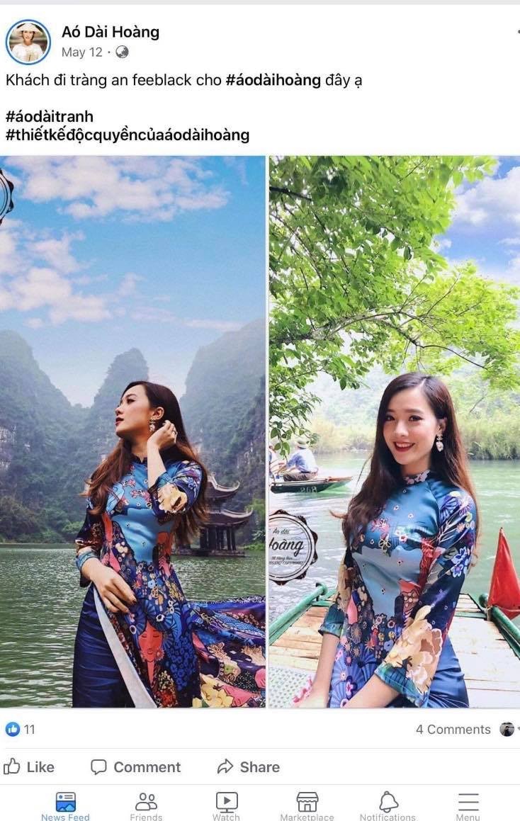 Cơ sở Áo dài Hoàng ở 33 Hàng Bún ngang nhiên quảng cáo các mẫu áo có tranh vi phạm bản quyền 