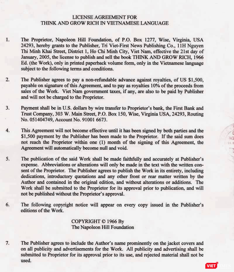 Hợp đồng bản quyền First News đã ký với Napoleon Hill Hợp đồng bản quyền First News ký với Napoleon Hill