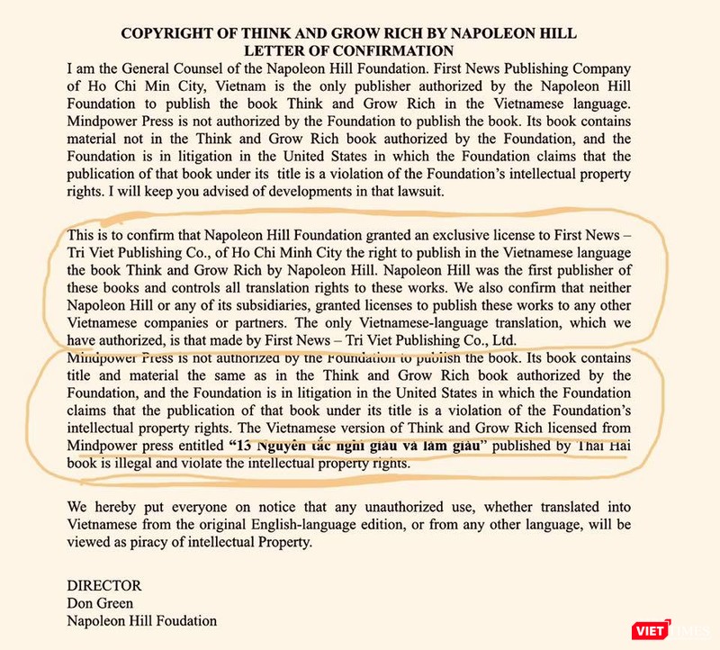 Thư xác nhận của tổ chức Napoleon Hill bản tiếng Anh