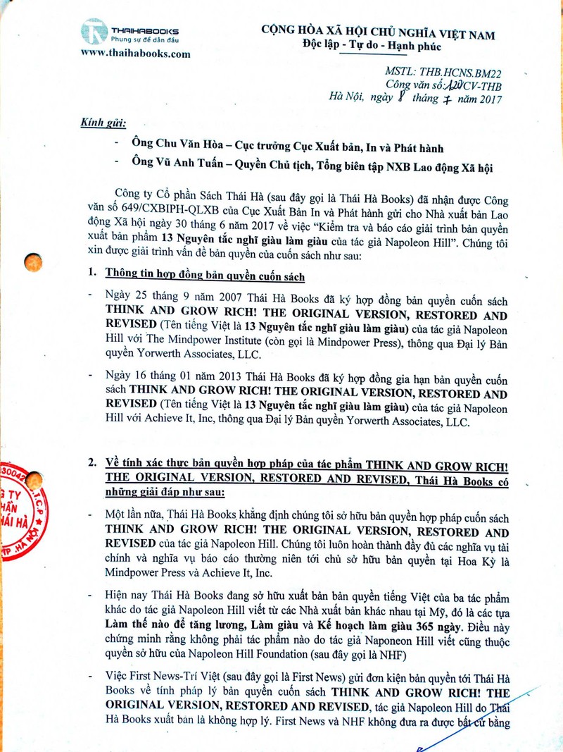 Công văn số 120/CV-THB gửi do Thái Hà Books gửi ngày 8/7/2017 tới Cục Xuất bản, In và Phát hành, Cục Bản quyền và Nhà xuất bản Lao động Xã hội Công văn số 120/CV-THB gửi do Thái Hà Books gửi ngày 8/7/2017 tới Cục Xuất bản, In và Phát hành, Cục Bản quyền và Nhà xuất bản Lao động Xã hội