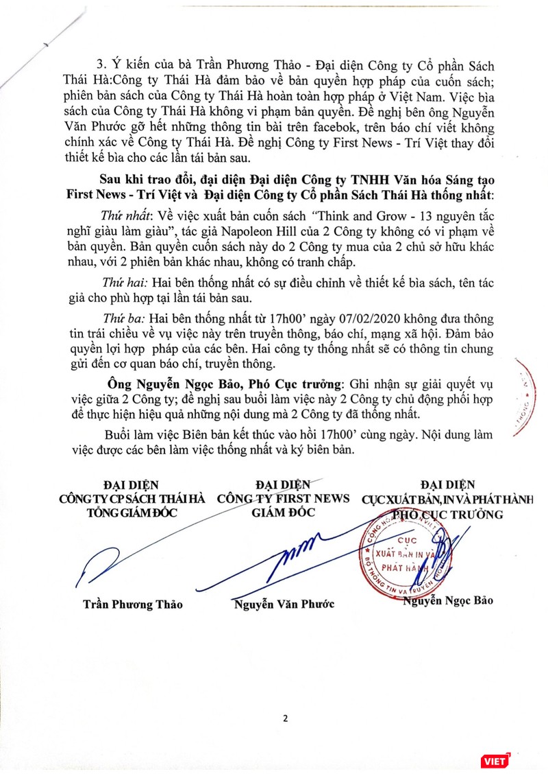 Một phần Biên bản cuộc họp tại Cục Xuất bản, in và phát hành đã được bà Trần Phương Thảo, ông Nguyễn Văn Phước đồng thuận ký