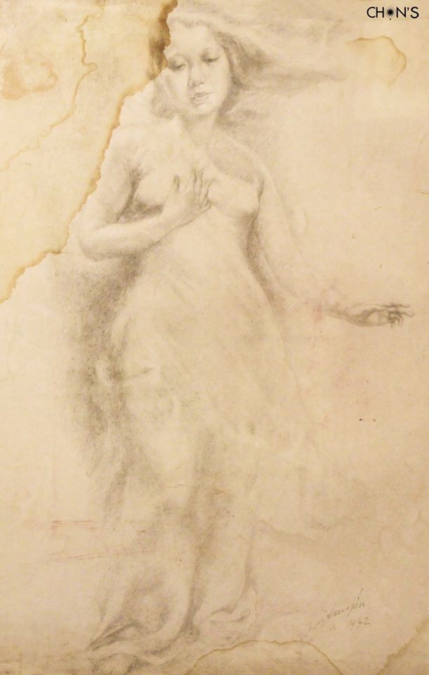 “Maria” – Chất liệu chì trên giấy, kích thước: 59 x 38 cm, sáng tác: 1942, họa sĩ Nguyễn Huyến “Maria” – Chất liệu chì trên giấy, kích thước: 59 x 38 cm, sáng tác: 1942, họa sĩ Nguyễn Huyến