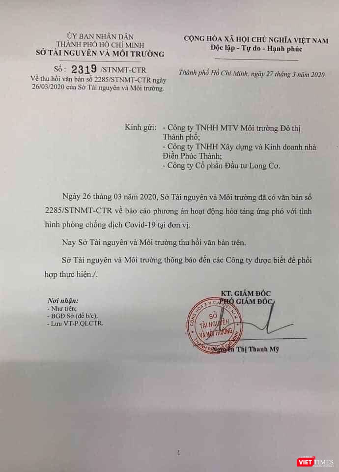 Công văn số 2319 yêu cầu thu hồi công văn số 2285 ký ngày 27/3