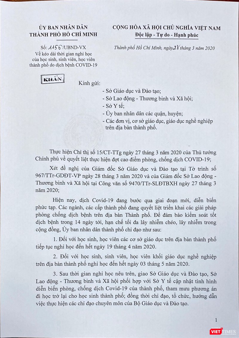 Công văn của Sở Y tế TP.HCM gửi các Sở, ban ngành và UBND các quận, huyện, ký ngày 28/3 Công văn của Sở Y tế TP.HCM gửi Sở GD&ĐT và Sở Lao động Thương binh & Xã hội, ký ngày 28/3