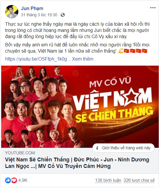 Facebook Jun Phạm cũng thu hút 4,9 K lượt like và nhiều comment tích cực Facebook Jun Phạm cũng thu hút nhiều lượt like và comment tích cực