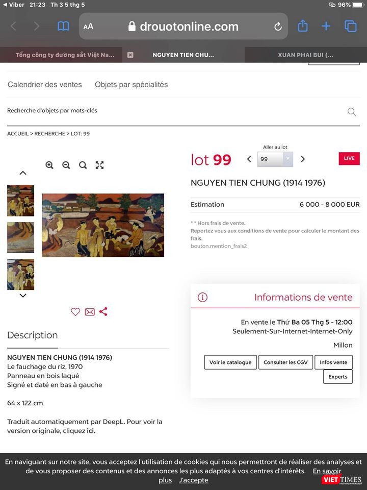 Lot 99 đấu giá tranh Nguyễn Tiến Chung (Ảnh chụp lại màn hình trang web của Drouot) Lot 99 đấu giá tranh Nguyễn Tiến Chung (Ảnh chụp lại màn hình trang web của Drouot)