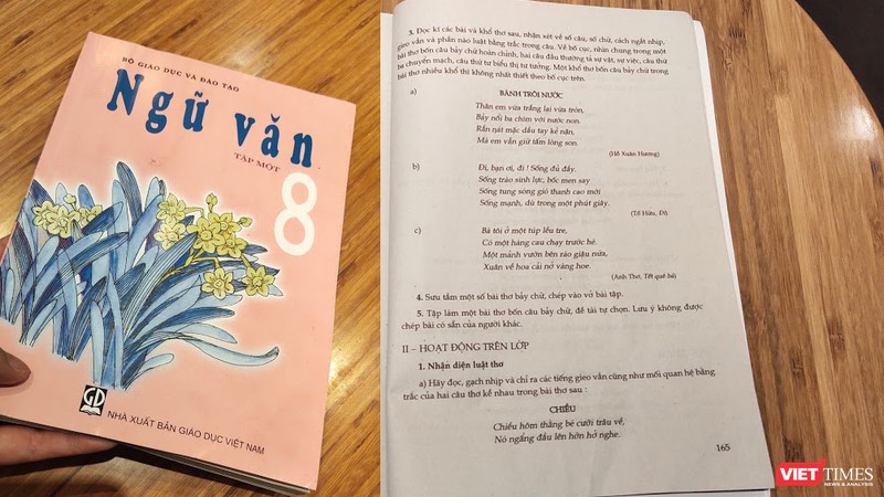 Sách giáo khoa ngữ văn 8 tập 1 (NXB Giáo dục) đã "sửa" tên tác giả bài thơ Đoàn Văn Cừ thành Anh Thơ (Ảnh: Hòa Bình) 