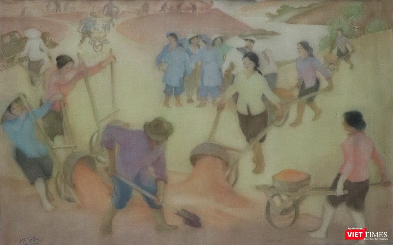 Thu hoạch, màu nước trên lụa, 45 x 72 cm, Thục Phi