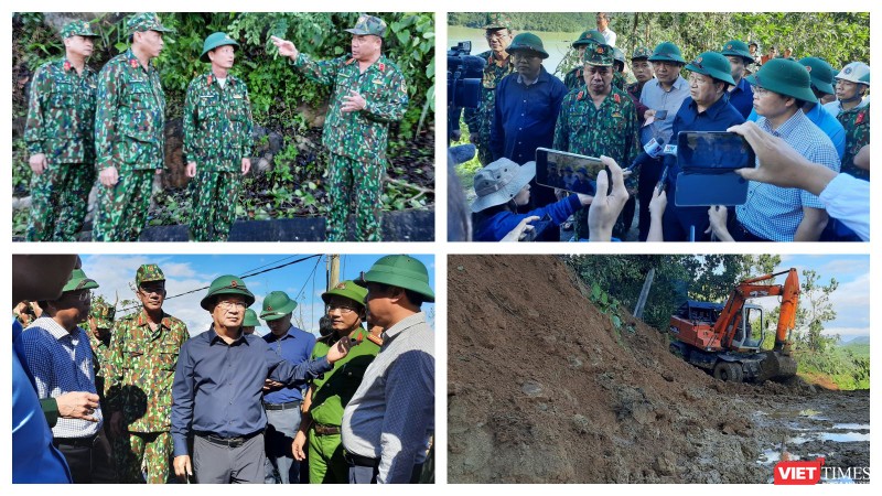 Phó thủ tướng Trịnh Đình Dũng và Trung tướng Nguyễn Long Cáng đang chỉ huy cứu nạn tại huyện Nam Trà My (Ảnh: Hoà Bình ghép)