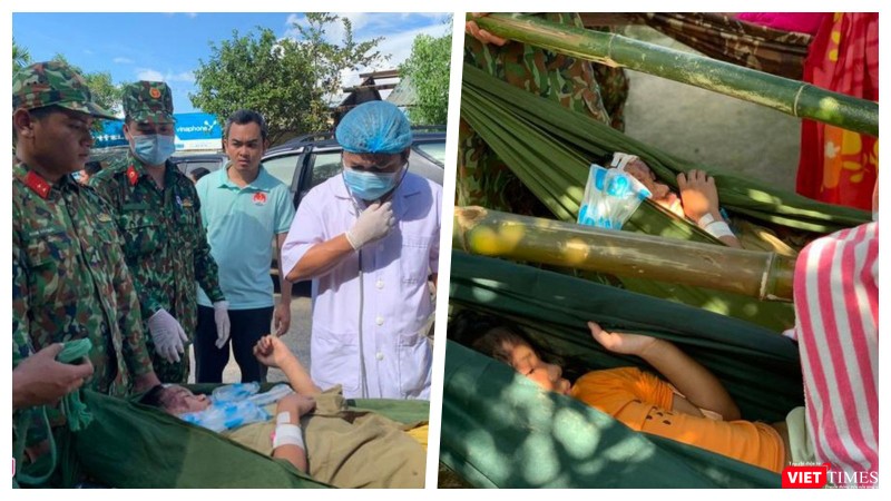 Sơ cứu người dân thoát nạn ở Trà Leng (Ảnh: Trương Khởi, Hoà Bình ghép)