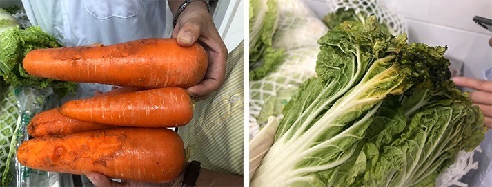 Nhiều thực phẩm bị dập nát được nhập vào bếp ăn Trường Tiểu học Trần Thị Bưởi (Ảnh: Phụ huynh cung cấp)