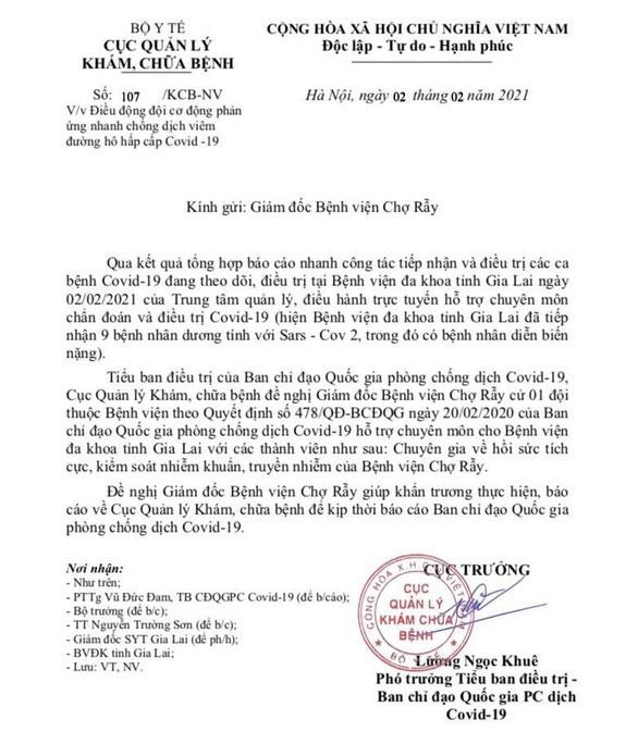 Công văn do Cục trưởng Lương Ngọc Khuê ký, gửi BV Chợ Rẫy ngày 2/2 Công văn do Cục trưởng Lương Ngọc Khuê ký, gửi BV Chợ Rẫy ngày 2/2