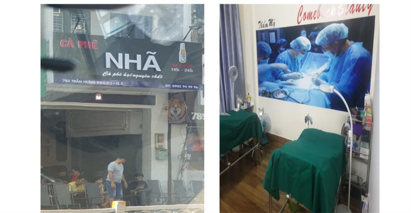 Bên dưới là quán cà phê, bên trên là cơ sở thẩm mỹ “chui” (Ảnh: SYT) Bên dưới là quán cà phê, bên trên là cơ sở thẩm mỹ “chui” (Ảnh: SYT)