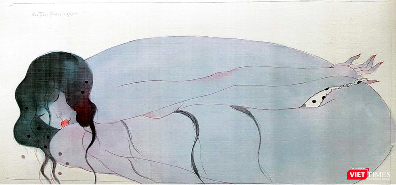 Tác phẩm Hơi thở nhẹ 6 (mực acrylic trên lụa, 40cm x 87cm, 2017) Tác phẩm Hơi thở nhẹ 6 (mực acrylic trên lụa, 40cm x 87cm, 2017)