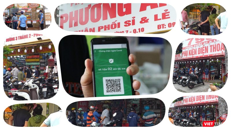 Nhiều hàng dài người dân đứng trước các cửa hàng bán lẻ trên nhiều tuyến phố như thế này, dù đã tiêm đủ 2 mũi vaccine thì vẫn tiềm ẩn nguy cơ. Ảnh: Hoà Bình