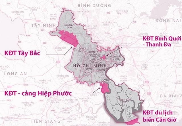 4 khu đô thị mới trong kế hoạch phát triển của TP.HCM. Đồ họa: Hồ Trang 4 khu đô thị mới trong kế hoạch phát triển của TP.HCM. Đồ họa: Hồ Trang