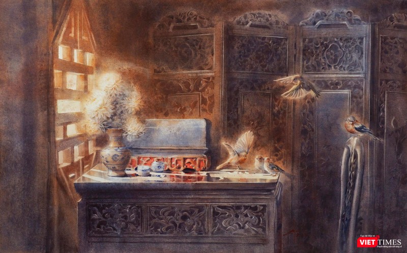 Tác phẩm &quot;Góc khuê phòng&quot; (màu nước trên giấy, 100cm x 160cm, 2022)