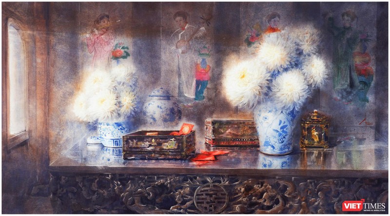 Tác phẩm "Như một hoài niệm" (màu nước trên giấy, 110cm x 180cm, 2021) của họa sĩ Đoàn Quốc