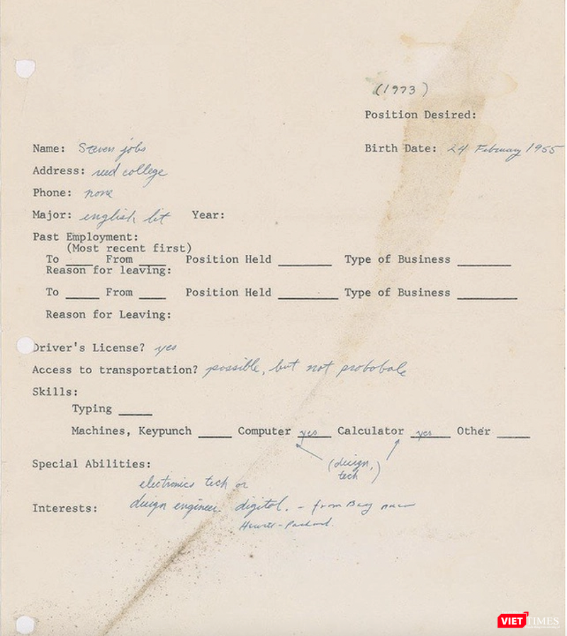 CV gửi nhà tuyển dụng vào năm 1973 của tỉ phú công nghệ Steve Jobs CV gửi nhà tuyển dụng vào năm 1973 của tỉ phú công nghệ Steve Jobs