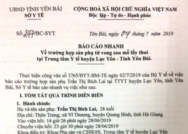 Báo cáo nhanh của Sở Y tế tỉnh Yên Bái về trường hợp sản phụ thiệt mạng sau khi mổ đẻ bằng phương pháp gây tê tủy sống.