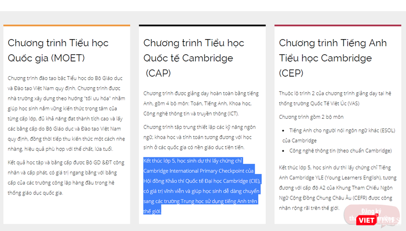 Trường hứa hẹn sẽ đào tạo học sinh thi và cấp chứng chỉ quốc tế vĩnh viễn ở cấp tiểu học trên website của trường Trường hứa hẹn sẽ đào tạo học sinh thi và cấp chứng chỉ quốc tế vĩnh viễn ở cấp tiểu học trên website của trường