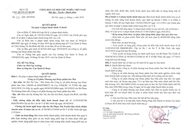 Toàn văn quyết định xử phạt Công ty Cổ phần Thương mại Dược phẩm Sao Mai của Cục Quản lý Dược Toàn văn quyết định xử phạt Công ty Cổ phần Thương mại Dược phẩm Sao Mai của Cục Quản lý Dược