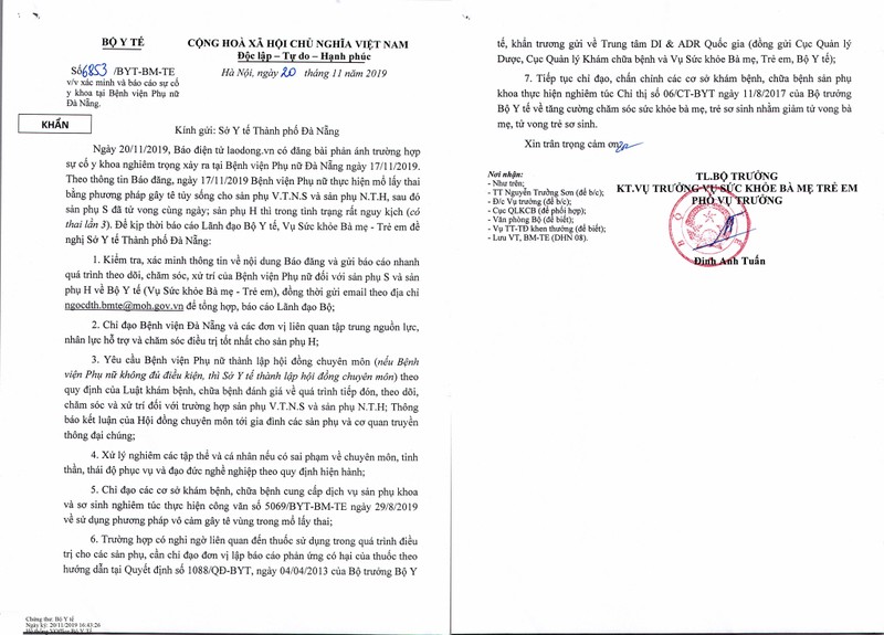 Công văn khẩn của Bộ Y tế gửi Sở Y tế TP Đà Nẵng yêu cầu xử lý nghiêm vụ việc 2 sản phụ nguy kịch sau khi sinh mổ sử dụng phương pháp gây tê tủy sống.