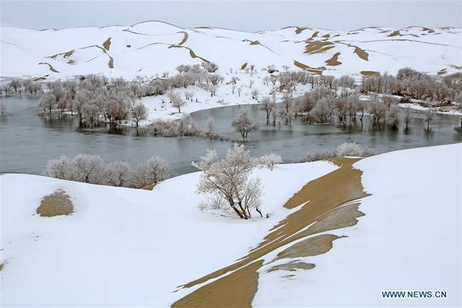 Màu trắng của tuyết được điểm xuyết bởi màu vàng của cát, tạo cảnh đẹp siêu thực. Ảnh:Xinhua. Màu trắng của tuyết được điểm xuyết bởi màu vàng của cát, tạo cảnh đẹp siêu thực. Ảnh:Xinhua.